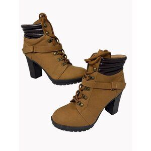 Andiamo Womens Tan Lace Up Heeled Ankle Boots Size 9.5 Faux Leather Zip Booties